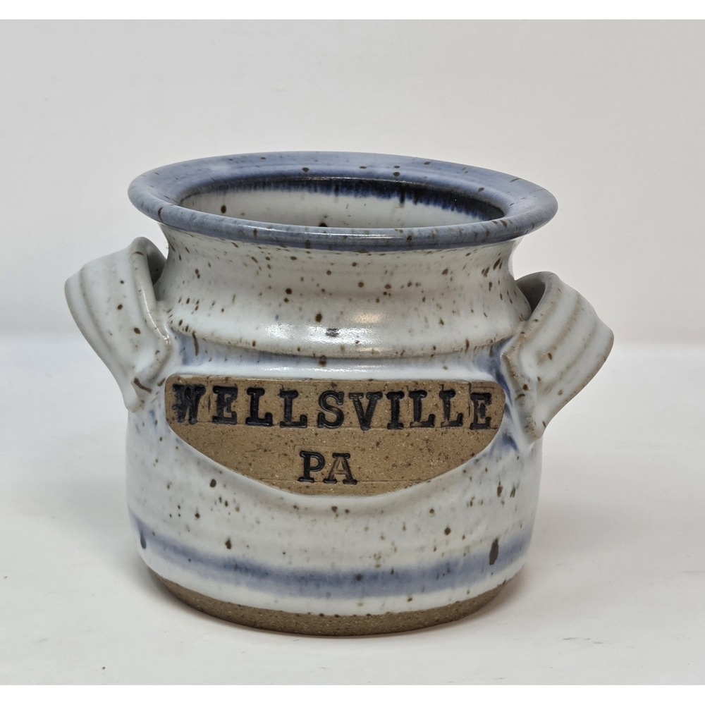 Wellsville PA Studio Pottery Stoneware Crock Speckled Blue White Lug Handle Jar